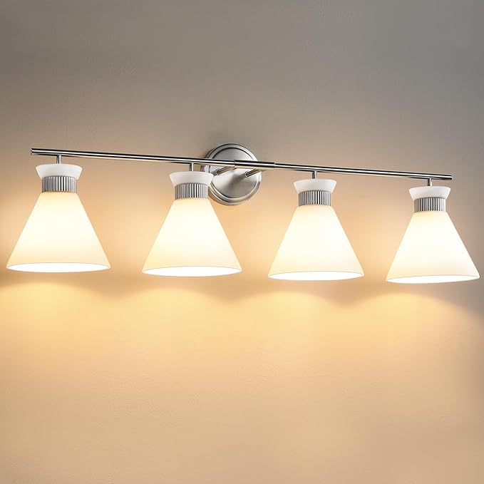 WOSHITU Bathroom Light Fixtures: Brushed Nickel 4 Lights Bathroom Vanity Lights Over Mirror with Milky White Frosted Glass Shade, 36 inch Farmhouse Vanity Lighting Sconce (Exclude E26 Bulb)