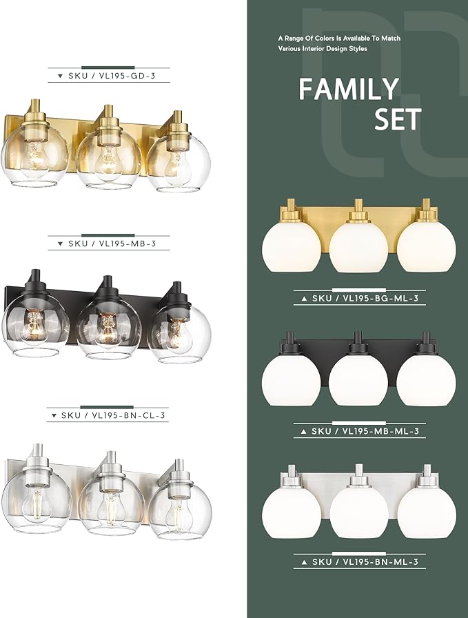 Bathroom Light Fixtures, 3-Light Brushed Nickel Vanity Light, Modern Wall Sconces with Globe Clear Glass Shade, Vanity Lighting Fixtures Over Mirror, VL195-BN-CL-3