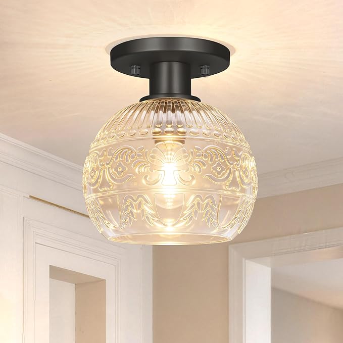 7.09in Semi Flush Mount Ceiling Light Fixture, Vintage Flush Mount Ceiling Light with Glass, Goble Hallway Light Fixtures, Black Bathroom Ceilings Light Overhead Lighting for Porch Corridor Closets