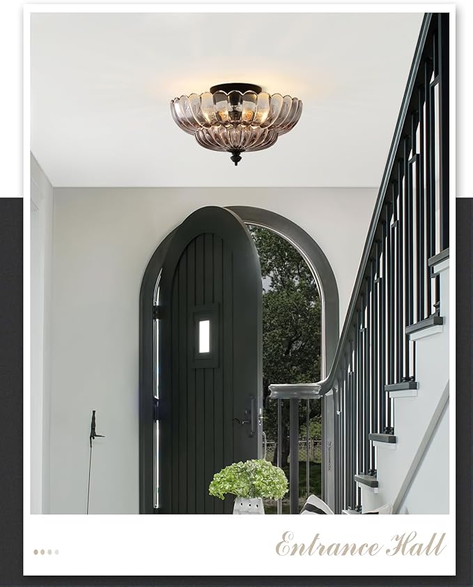 ANYLOVE Modern 12Inch Smoke Gray Flower Glass Semi Flush Mount Ceiling Light, 3 Light for Living Room Bedroom Hallway Entryway Foyer