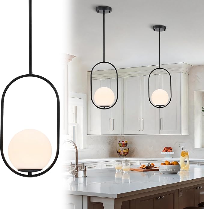 Matte Black Globe Pendant Light – 5.9" Glass Shade Mid Century Modern Hanging Light Fixture, Hardwired Ceiling Pendant for Kitchen Island, Hallway, Entryway, Bathroom, Closet