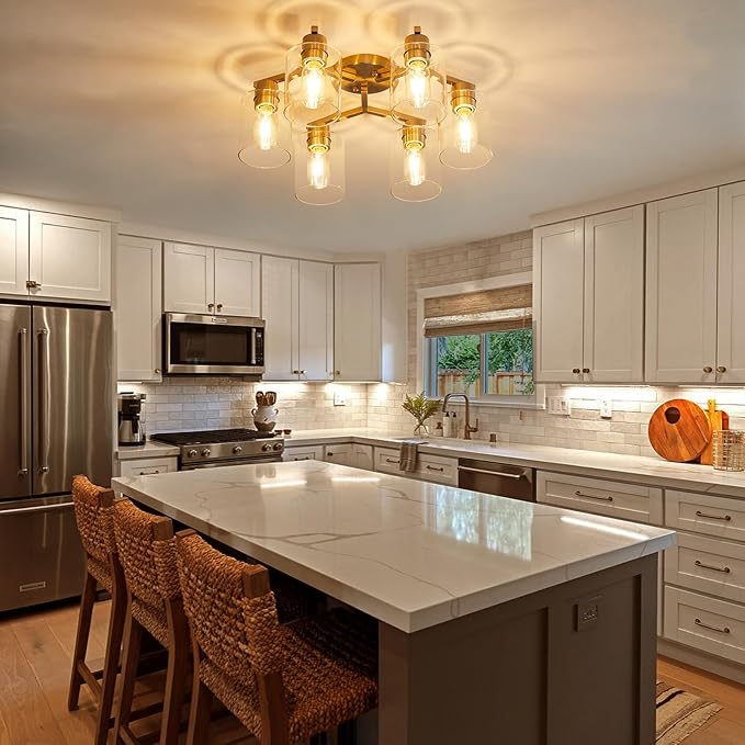 YYT Light Fixtures for Dining Room 6-Light Semi Flush Mount Ceiling Light Fixtures Large Brushed Nickel Kitchen Lighting Fixtures Ceiling with Clear Glass Shade for Living Room - E26