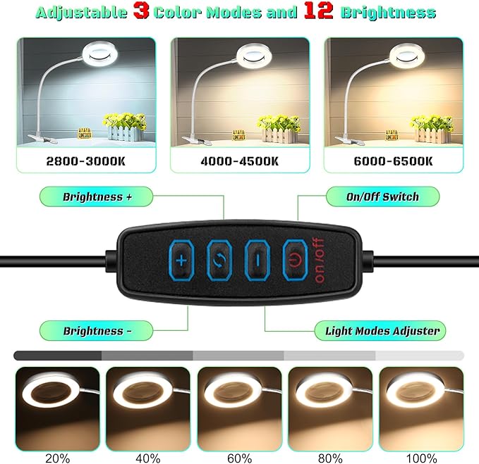 10X Magnifying Glass with Light, Clip on Mganifier with Light, 48 LED Desk Lmap Magnifying Glass wtih Clamp, 3 Modes Dimmable LED Lamps for Bed Work Crafts DIY Repair Gray