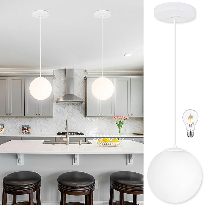 KoKo&Yukina 8 Inch Globe Pendant Light White Globe Pendant Lights Kitchen Island Mid Century Light Fixture with Milky White Glass Shade Adjustable Cluster Lights for Dining Room Living Room