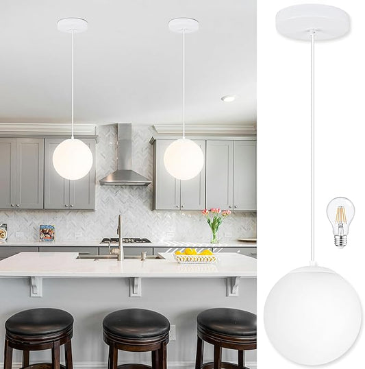 KoKo&Yukina 8 Inch Globe Pendant Light White Globe Pendant Lights Kitchen Island Mid Century Light Fixture with Milky White Glass Shade Adjustable Cluster Lights for Dining Room Living Room
