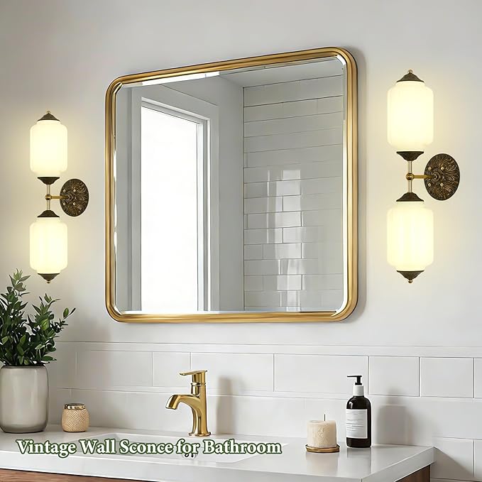 Vintage Milk Glass Bathroom Vanity Light - 25" Green Dimmable Wall Sconce with Bulb - Mid Century Vertical or Horizontal Mounted Sconces - Modern Brass Gold Lighting Fixture for Indoor Bedroom Hallway