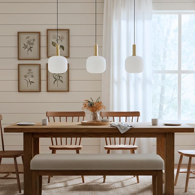 Mid Century Modern Plug in Hanging Light Milk Glass Pendant Light White and Gold Hanging Lamp Plug in Chandelier Lighting with Long Cord for Bedroom Living Room Dining Room Kitchen