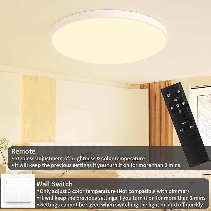 24 Inch Flush Mount Ceiling Light Fixture, Dimmable with Remote, 3000K-6500K Adjustable Color, 48W 4800Lm Ultra Thin Modern Round LED Ceiling Light, White for Bedroom, Kitchen, Living Room
