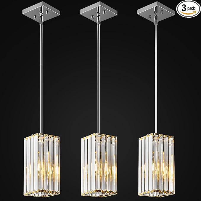 Modern Pendant Light Chrome Rectangle Pendant Lighting Mini Crystal Chandeliers Adjustable Pendant Light Fixture for Kitchen Island Dinning Room Living Room Corridor Bedroom(Chrome 3-Pack)
