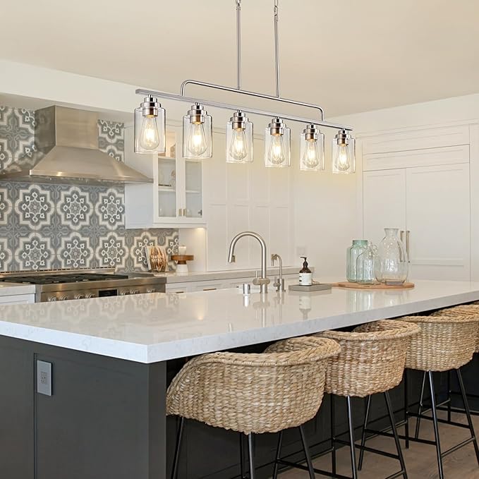 Dining Room Light Fixture - Brushed Nickel 6-Light Farmhouse Chandelier Kitchen Island Lights Fixtures Modern Linear Silvery Chandeliers Hanging Pendant Lighting Over Table