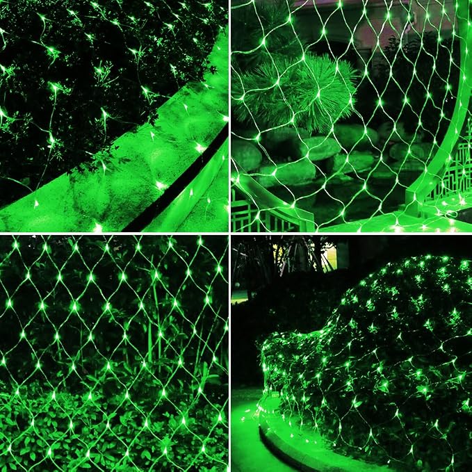 LED Net Lights Mesh Lights Green St. Patrick's Day Decor, 240LED Timer Tree Warp Fairy Lights Outdoor Hanging String Light for Christmas, Garden, Walkway, Bushes Decor-9.8ft x 6.6ft(Green)