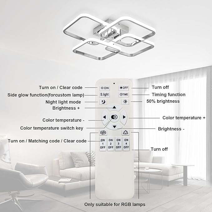 CANEOE Dimmable Modern Led Ceiling Light, 4 Rings Square Ceiling Lamp with Remote Control, 48W Chrome Acrylic Ceiling Lighting Fixture for Living Room Dining Room Kitchen Office Lamps
