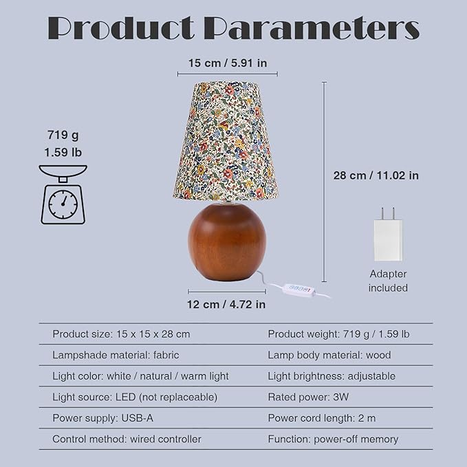 Vintage Wooden Base Fabric Night Lamp, Adjustable Light Color and Brightness with Power-Off Memory, Safe USB Powered, Retro LED Table Light for Bedroom Living Room Office (Floral)