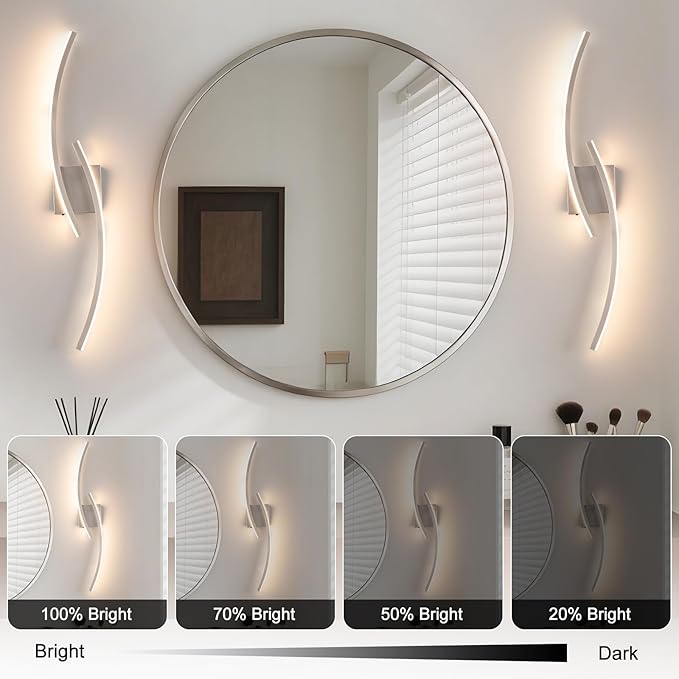 Hardwired 3000~6000K Modern Wall Sconce, 31.5IN Silver LED Wall Light Fixtures Brushed Nickel Wall Lights for Bedroom, Living Room, Hallway and Bedside Wall Lamp