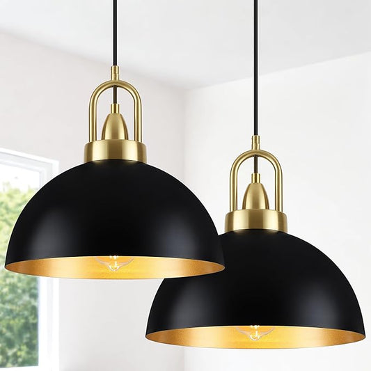 12'' Black Pendant Lights for Kitchen Island Lighting, 2-Pack Modern Farmhouse Industrial Dome Hanging Ceiling Pendant Lighting Fixture for Dining Room, Bar, Living Room