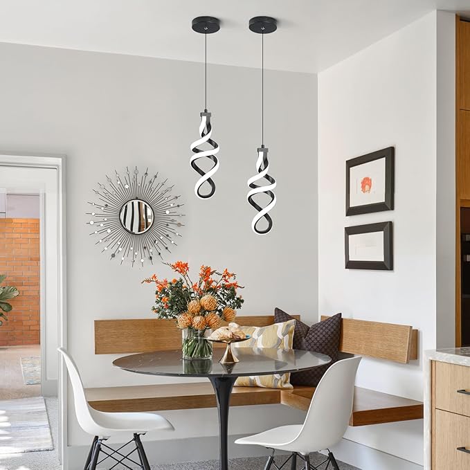 Modern Led Pendant Light Fixture, 15W Black Spiral Led Chandelier Hanging Lamp, 4500K Daylight White Pendant Lamp, Adjustable Height Pendant Light for Dining Room Bedroom Kitchen Island Cafe(2 Pack)