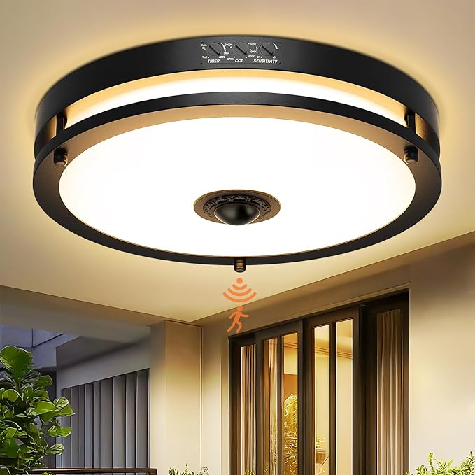 24W LED Motion Sensor Outdoor Ceiling Light, 12IN 2700K/3000K/3500K/4000K/5000K Adjustable Ceiling Lights, Dusk to Dawn Flush Mount LED Ceiling Light Fixture for Porch, Entryway, Garage