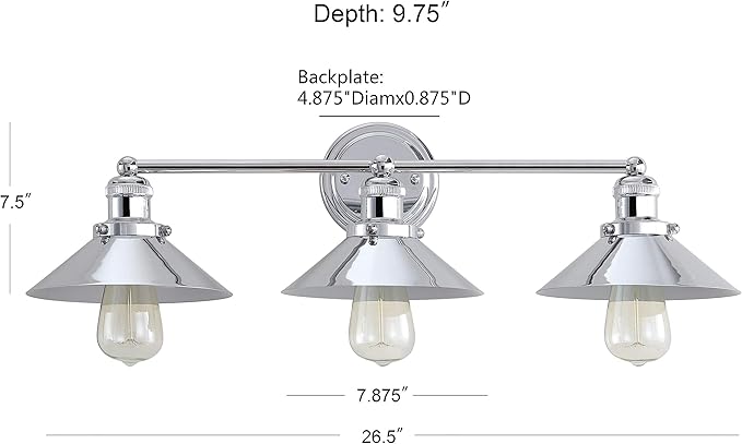 JONATHAN Y 26.5" Chrome 3-Light Industrial Farmhouse Metal Vanity Light Wall Sconce, Metal Shade for Bathroom Mirror, Kitchen, Entryway, LED Bulb Included (JYL7425A)