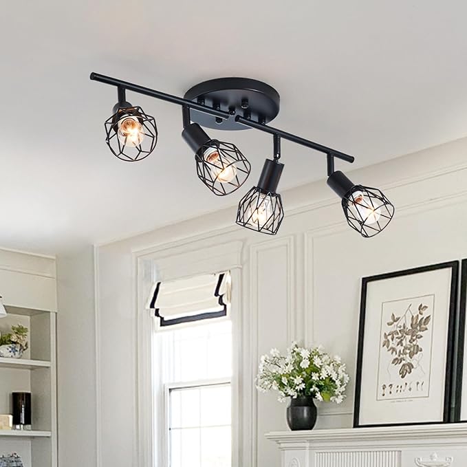 Track Lighting Kit, 4-Light Adjustable Multi-Directional Ceiling Light Fixtures, Vintage Black Metal Wire Cage Farmhouse Light Fixtures Ceiling Mount for Kitchen Dining Table Hallway Bathroom Bedroom