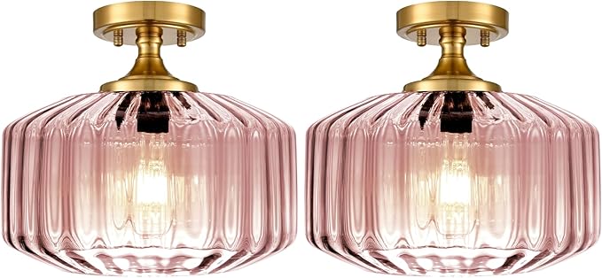 Flush Mount Ceiling Light Gold Light Fixture Set of 2 Striped Glass Shade Pink Chandelier Farmhouse Semi Flush Mount Light for Pantry Bar Cafe Hallway Entryway