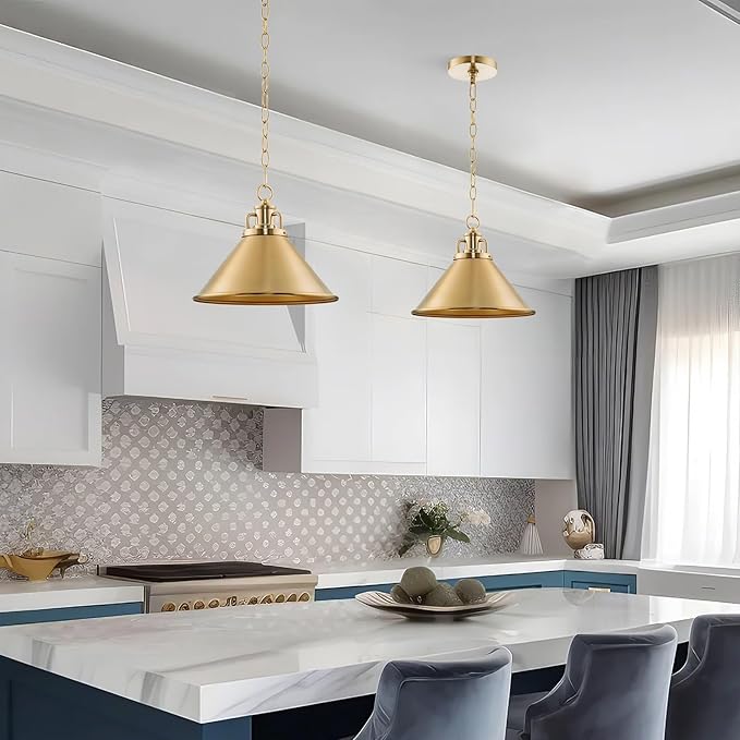 Kira Home Romine 12" Modern Gold Pendant Light with Cone Metal Shade, Mid-Century Gold Hanging Light, Cool Brass Finish