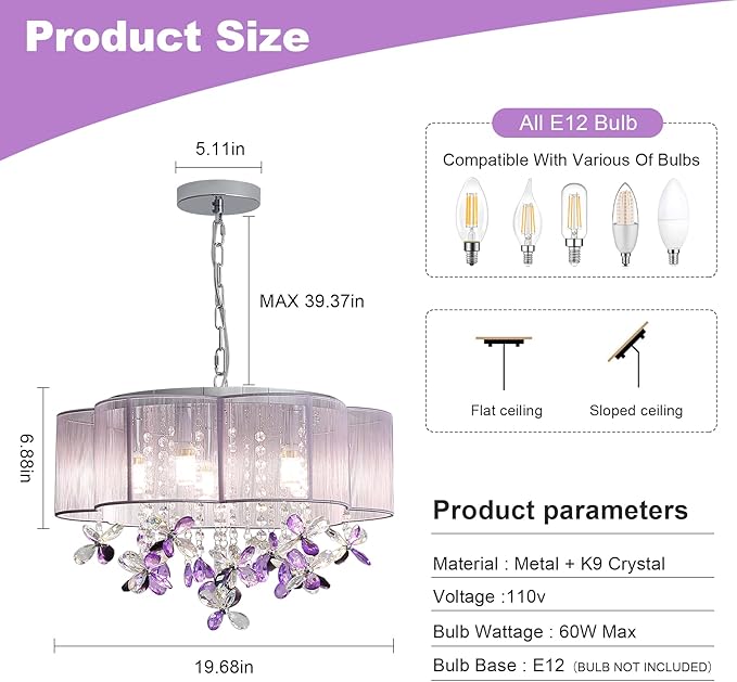 5 Light Purple Chandelier Ceiling Light Crystal Dining Room Chandeliers 20" Entrance Pendant Light Hanging Light with Handmade Flower Lampshade for Girls' Bedroom,Closet,Foyer,Living room,cafe