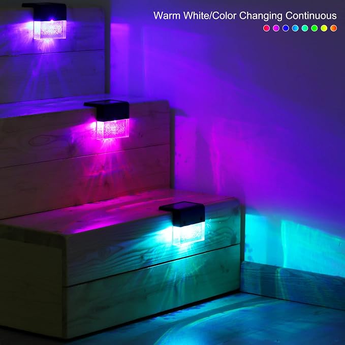 DenicMic Solar Deck Lights Outdoor Waterproof 6 Pack Fence Step Patio Decor | Warm White/Color Changing LED Outside Stair Railing Wall Pool Side Yard Garden 10 Lumen Acrylic Bubble Square Lampshade ABS