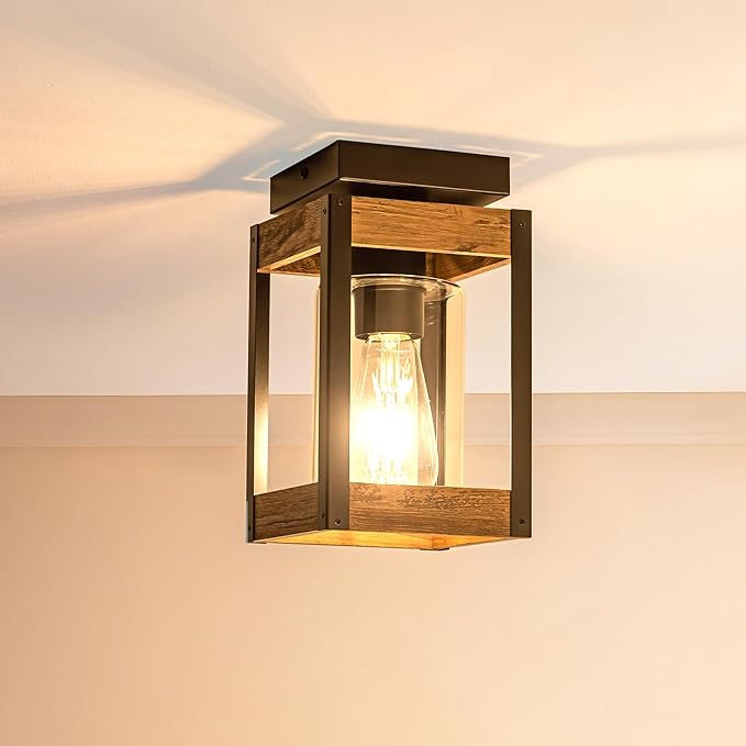 Mayful Farmhouse Flush Mount Ceiling Light, Rustic Ceiling Light Combine with Metal and Wood Frame, Clear Glass Ceiling Light Fixture for Kitchen Island Entryway Porch Foyer Dining Room