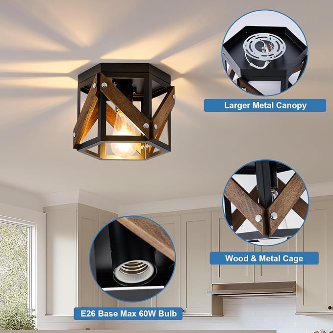2 Pack Farmhouse Flush Mount Ceiling Light, Rustic Hallway Light Fixtures Ceiling, Vintage Black Lighting Fixtures with Metal and Wood Cage, Small Chandelier for Kitchen Sink Entryway Bathroom