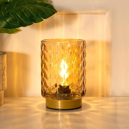 LUSHARBOR Battery Operated Lamp with Timer, Small Decorative Table Lamp Ambient, Glass Cordless Lamps Bedside Battery Powered Lamp for Bookshelf, Entryway Wave Design-Amber