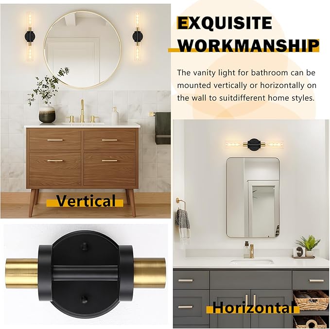 Baocuz Bathroom Light Fixtures, 2-Light Black and Gold Bathroom Vanity Lighting Over Mirror, Modern Wall Sconces Set of 2 with Clear Glass, Indoor Hardwired Wall Lamp for Bedroom, Living Room, Hallway