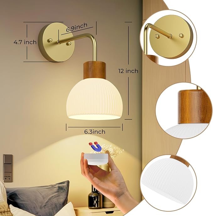 Glass Battery Operated Wall Sconces Set of 2, Rechargeable Wall Lamp with Remote, 12 Colors Dimmable Wireless Sconces Wall Decor Set of 2 with Timer for Bedroom Living Room (Gold, 2 Pack)