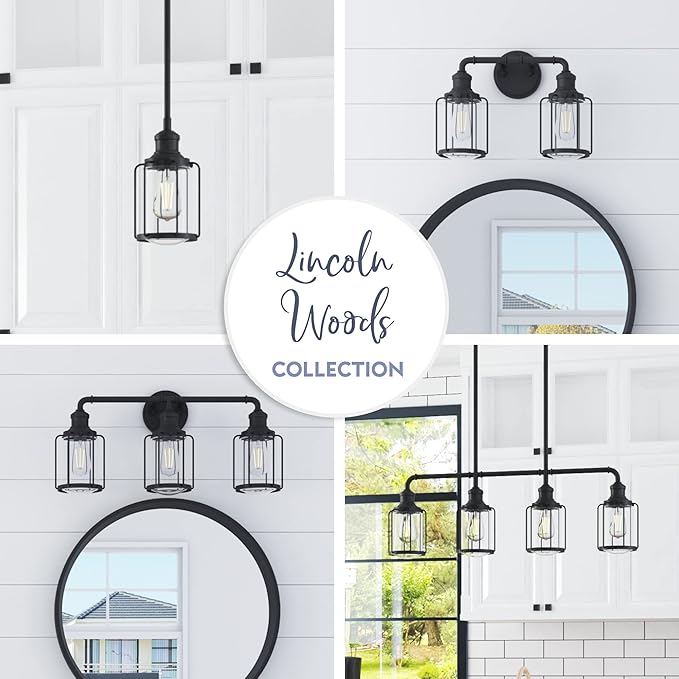 Prominence Home Lincoln Woods 2 Light Matte Black Industrial Bathroom Vanity Light with Cage and Clear Glass - 51544-01