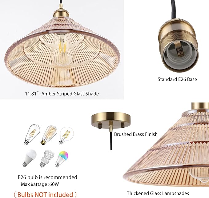 Modern Kitchen Island Pendant Light 11.81 Inches Amber Striped Glass Shades Brushed Brass Gold Large Hanging Lamp Dining Room Farmhouse Adjustable Ceiling Hanging Light Fixture Bedroom Hallway