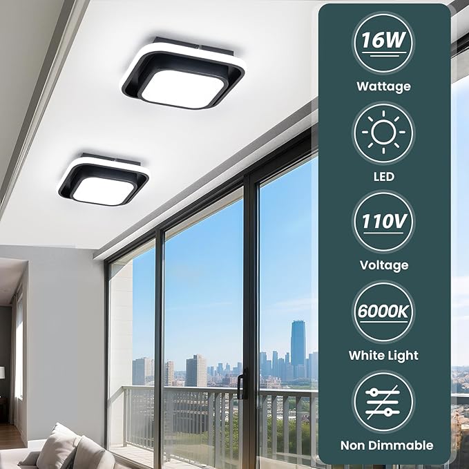 Hallway Light Square Modern Ceiling Light Fixture, 12IN Modern Ceiling Lamp 6000K LED Ceiling Light Black Ceiling Lighting for Living Room, Balcony Bedroom