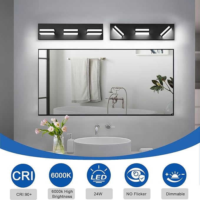 IZORRO LED Modern Bathroom Lights Fixtures(3-Light,Dimmable,360°Rotate),Matte Black Acrylic Wall Lighting,Vanity Lights for Bathroom Over Mirror - 6000k 16In （No Assembly Required）
