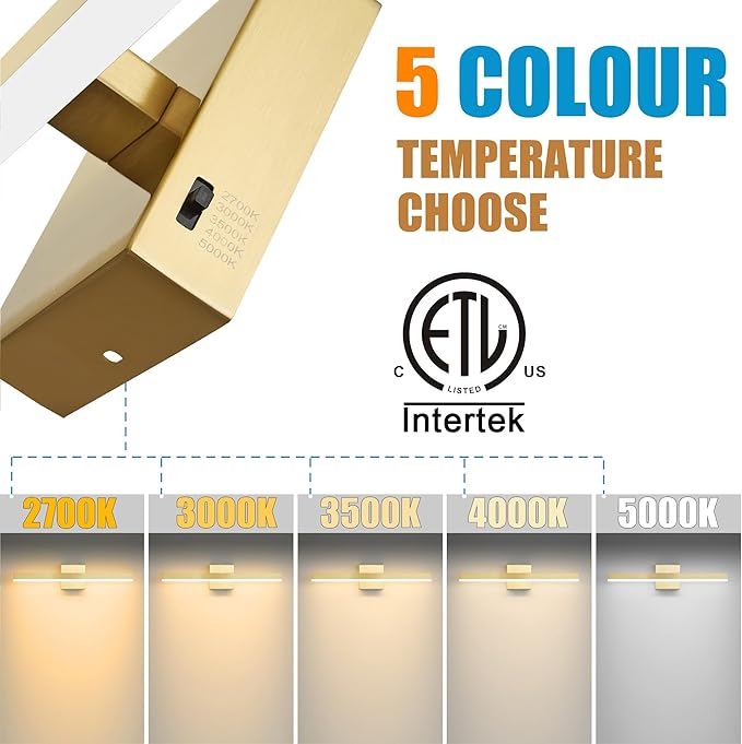 Gold Bathroom Vanity Light 23.6 inch, 20W Dimmable 5CCT LED Modern Bathroom Light Fixture Over Mirror Hardwired - ETL Certificated