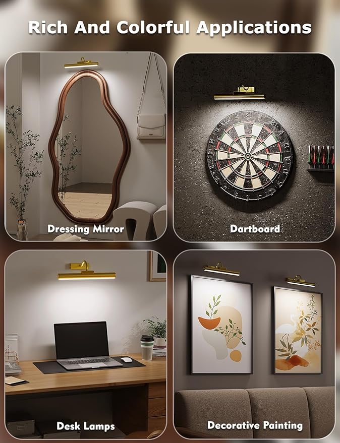 16in Wireless Picture Light with Remote, Battery Operated Picture Lights for Wall 5000mAh, 3 Color Modes and Dimmable LED Art Lighting with Timer for Painting, Frame, Gallery, Bedroom (Gold-2Pack)