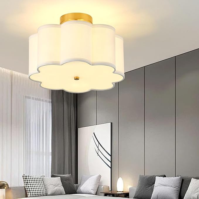 13.3"Semi Flush Mount Ceiling Light Fixture, 3-Light Modern Close to Ceiling Light With Fabric Flower-Shaped Shade, Light Fixtures Ceiling Mount for Bedroom Nursery Kids Room Living Room(Gold)