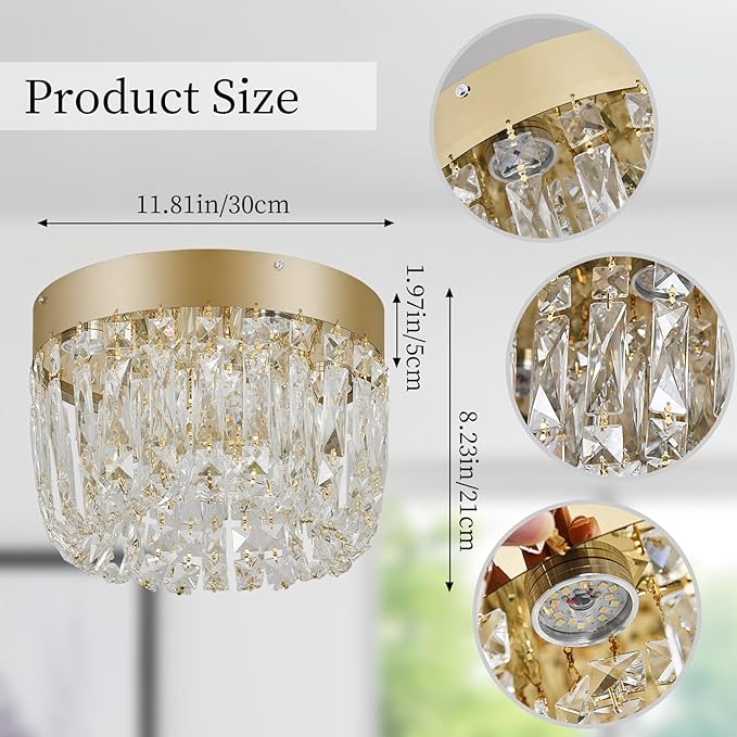 Deckrico Modern Crystal Chandelier Flush Mount Ceiling Light, 11.8" Gold LED Lighting Fixture for Bedroom Hallway Entryway Foyer
