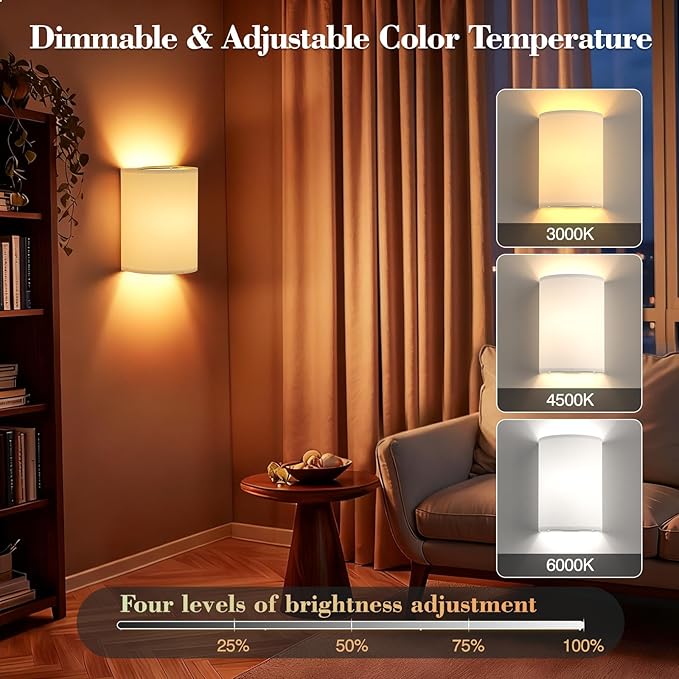 Battery Operated Wall Sconce Set of Two: 10000mAh Wireless Wall Light with Rechargeable Magnetic Bulb - Dimmable Wall Lamp with 7 RGB Colors - Linen Shade Sconces with Remote for Bedroom Living Room