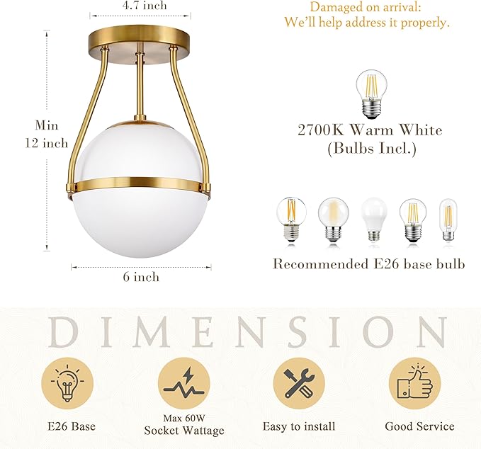 Bagood Globe Semi Flush Mount Ceiling Light Mid Century Modern Globe Ceiling Light Fixture with Milk Glass Shade Brass Finish for Living Room Hallway Kitchen Island Dining Room Laundry (Bulb Incl.)…