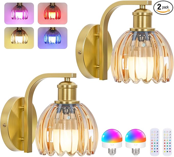 VerRon Rechargeable Battery Operated Wall Sconce Set of Two with Amber Glass Lampshade, Wireless Wall Scone Decor with Remote Control, 15 Colors Gold Wall Light for Bedside Hallway Bedroom Doorway