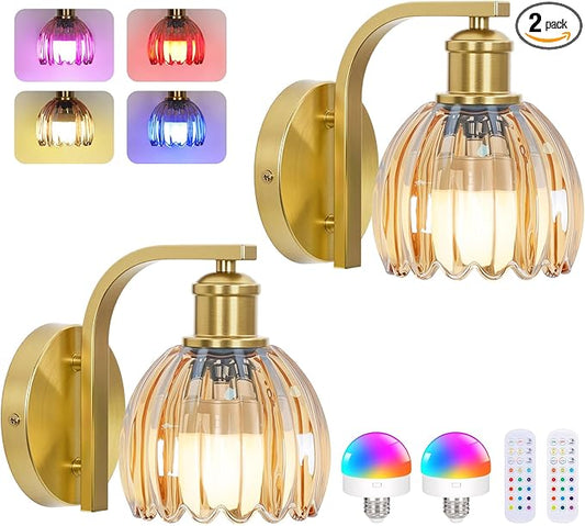 VerRon Rechargeable Battery Operated Wall Sconce Set of Two with Amber Glass Lampshade, Wireless Wall Scone Decor with Remote Control, 15 Colors Gold Wall Light for Bedside Hallway Bedroom Doorway