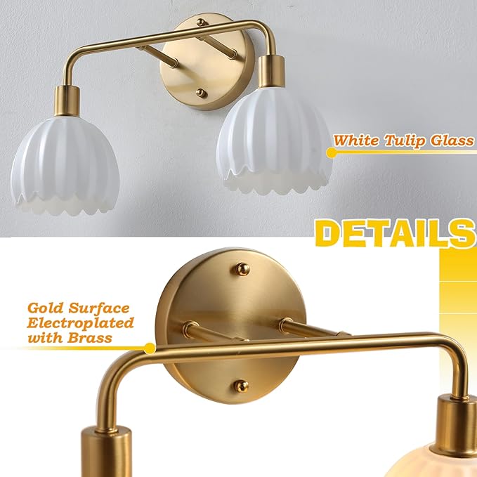 2-Light Gold Brass Bathroom Light Fixture,Wall Sconces,Brushed Gold Vanlity Light Over Mirror,Bathroom Vanity Light with White Glass Flower Shade,E26 Socket(Bulbs Not Included)