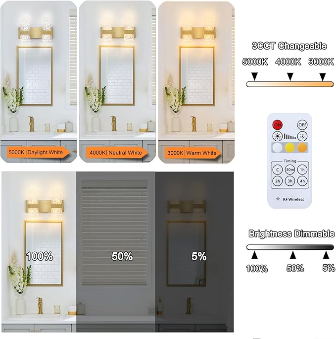 Modern Brushed Gold 4-Lights Bathroom Vanity Light, Eleglant Brass LED Bathroom Light Fixtures over Mirror, Dimmable Acrylic Shade Wall Lighting Fixtures, Hardwired Wall Light(H9.25in, L13.78in)