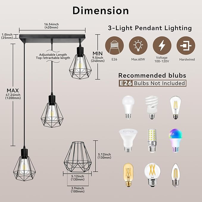 LTBLIGHT 3-Light Black Pendant Light Fixture, Industrial Hanging Lighting with 1.2m Adjustable Cord, Ceiling Lamp for Kitchen Bedroom Hallway Dining Room E26 Base (Bulb Not Included)
