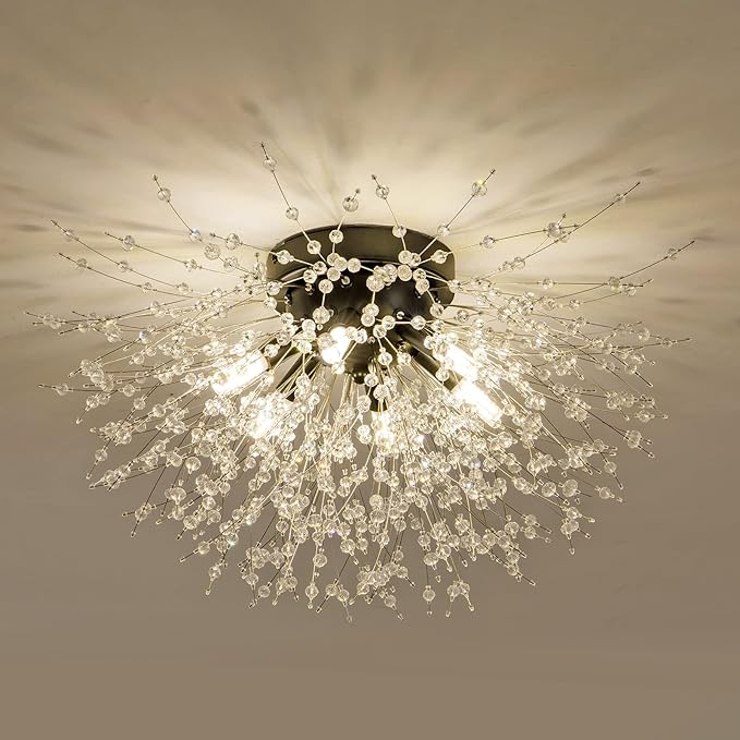 CM MZY Black Semi Flush Mount Ceiling Light Fixture, Modern Crystal Sputnik Firework Ceiling Lights, 6-Light Close to Ceiling Lighting Fixtures for Bedroom Kitchen Hallway Entryway Closet(Matt Black)