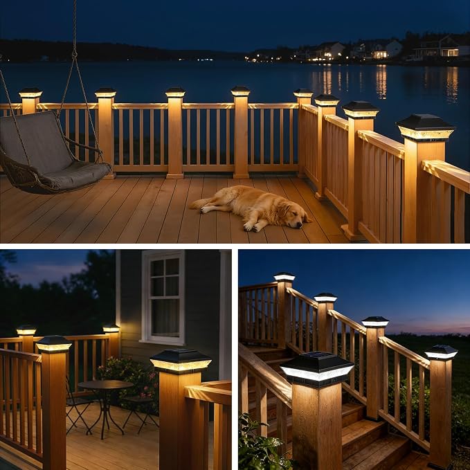 Solar Post Cap Lights Outdoor 8-Pack, Waterproof Solar Fence Post Lights Fit for 3.5x3.5 4x4 Wood/Vinyl Posts, Solar Powered Deck Post Lights with 2 Modes(Warm/Cool White), Ideal for Patio, Black