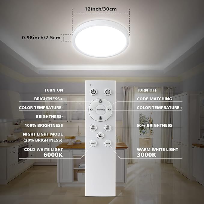 Unicozin Dimmable LED Flush Mount Ceiling Light with Remote Control, Wired 3000K-6000K Color Changing, 12Inch 24W(150W Equiv) 2200LM, Round Flat Ceiling Lamp White for Bedroom, Living Room, Kitchen
